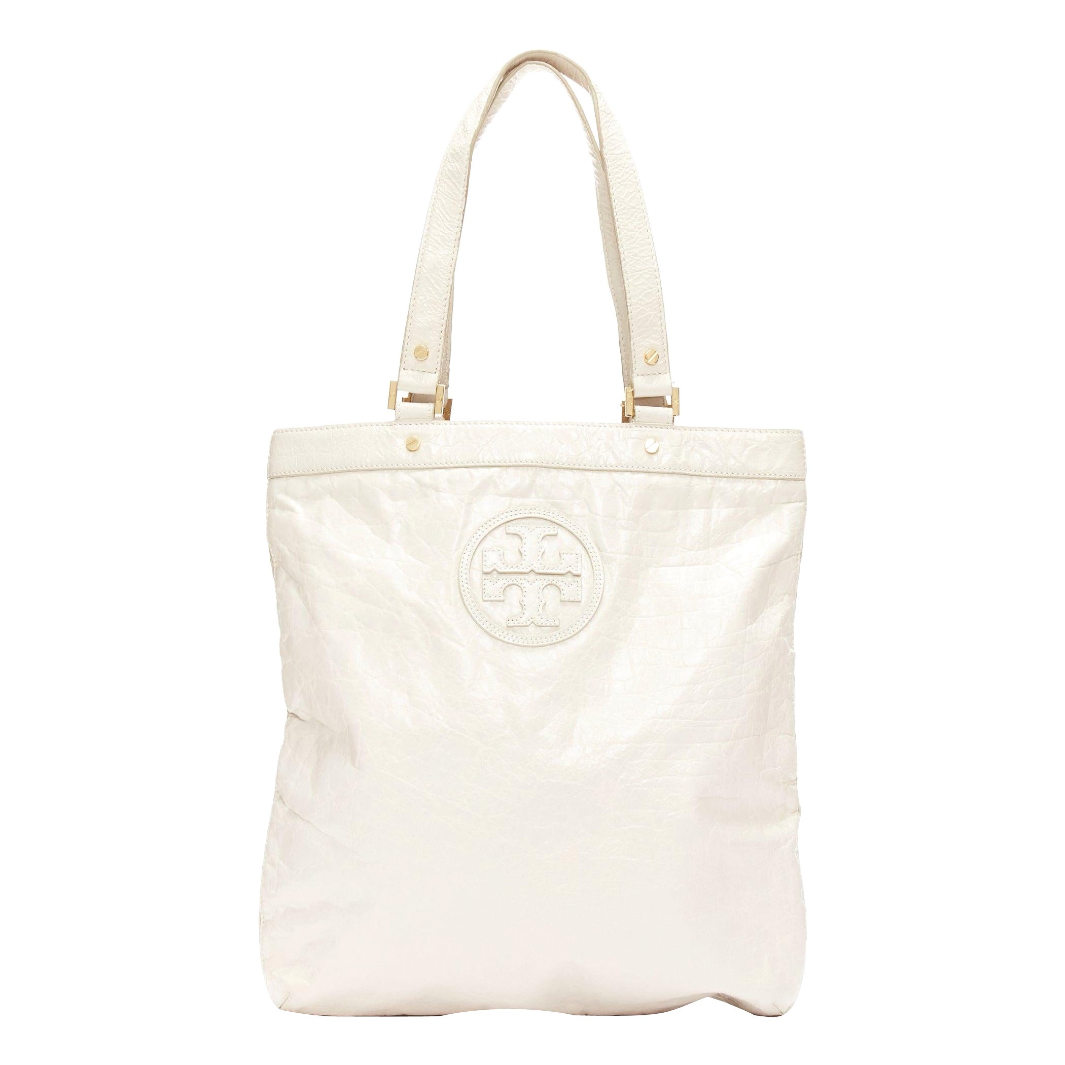 TORY BURCH white textured leather logo patch gold hardware A4 tote bag For Sale