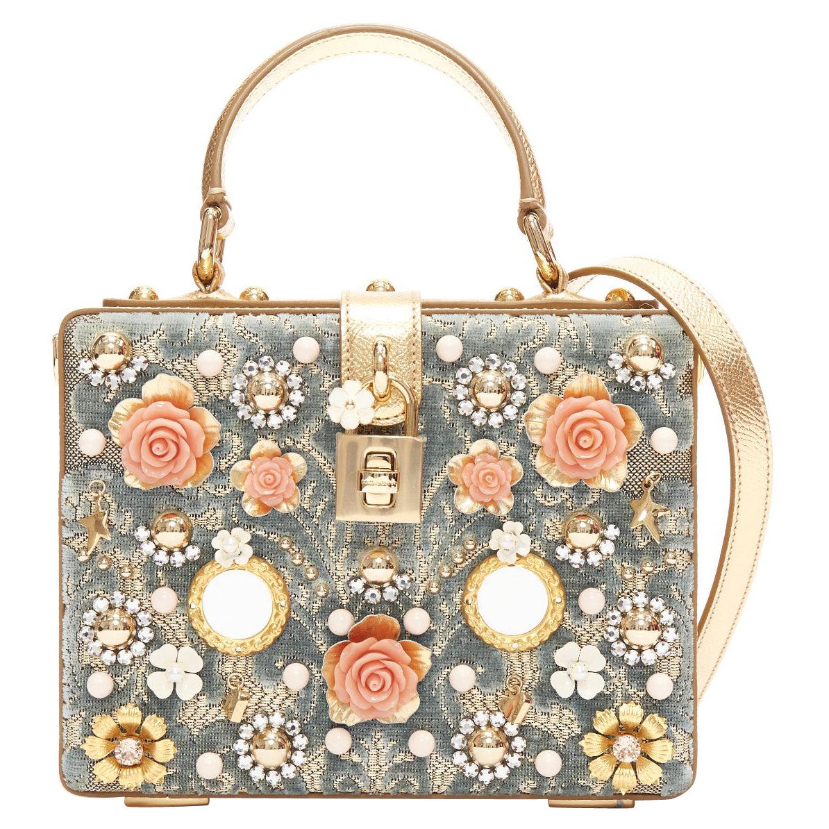 DOLCE GABBANA gold leather 3D pink floral barocco velvet vanity box shoulder bag For Sale