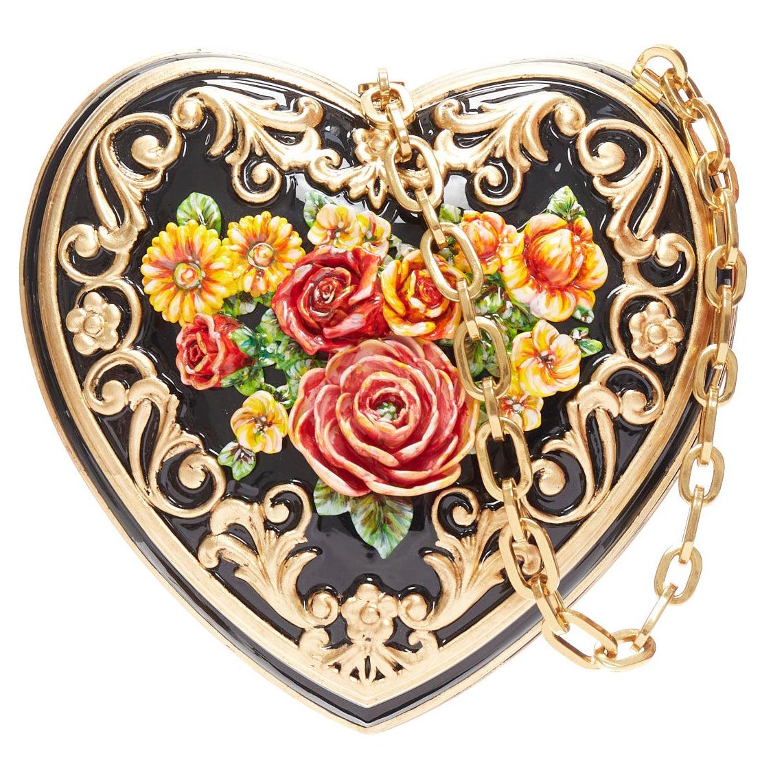 DOLCE GABBANA Runway Baroque Painted black gold red roses heart box chain bag en vente