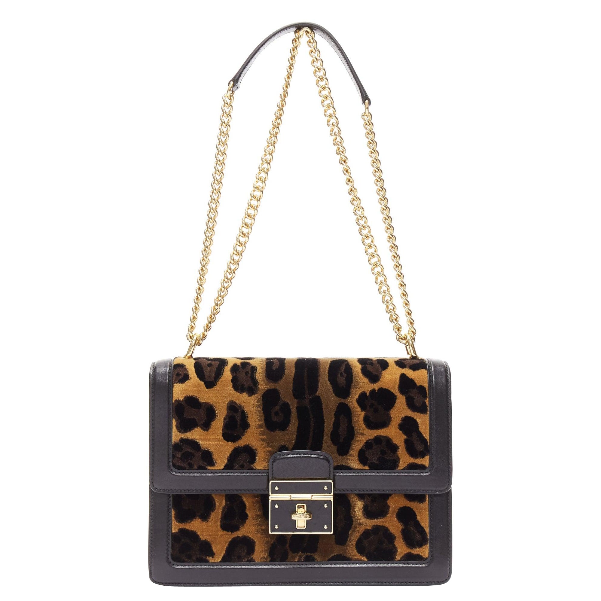 DOLCE GABBANA brown leopard print velvet black leather flap chain bag For Sale