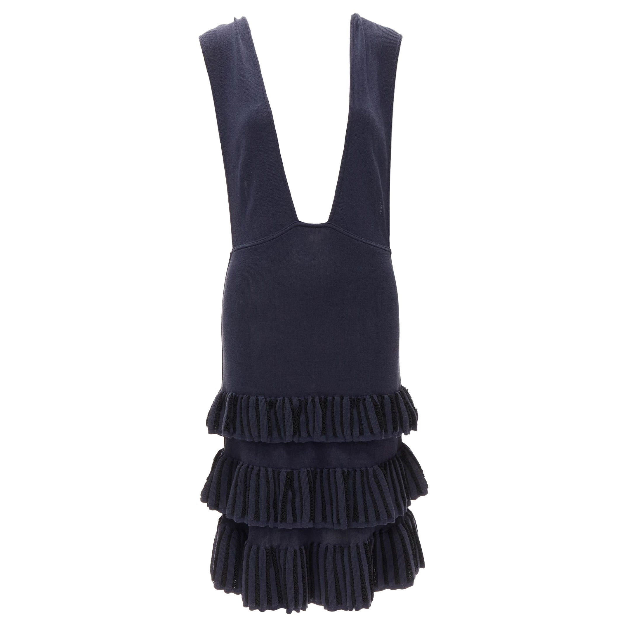 AZZEDINE ALAIA Vintage 1980's navy knitted tiered ruffles plunge neck dress For Sale