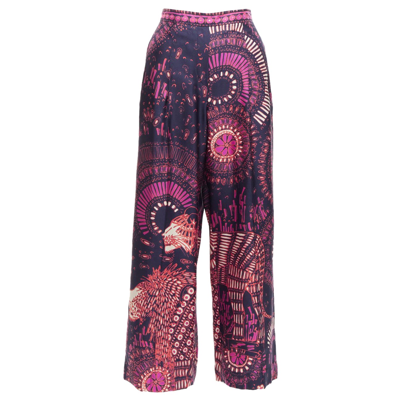 CHRISTIAN DIOR pink navy kaleidoscope animal print cotton wide pants FR36 S For Sale