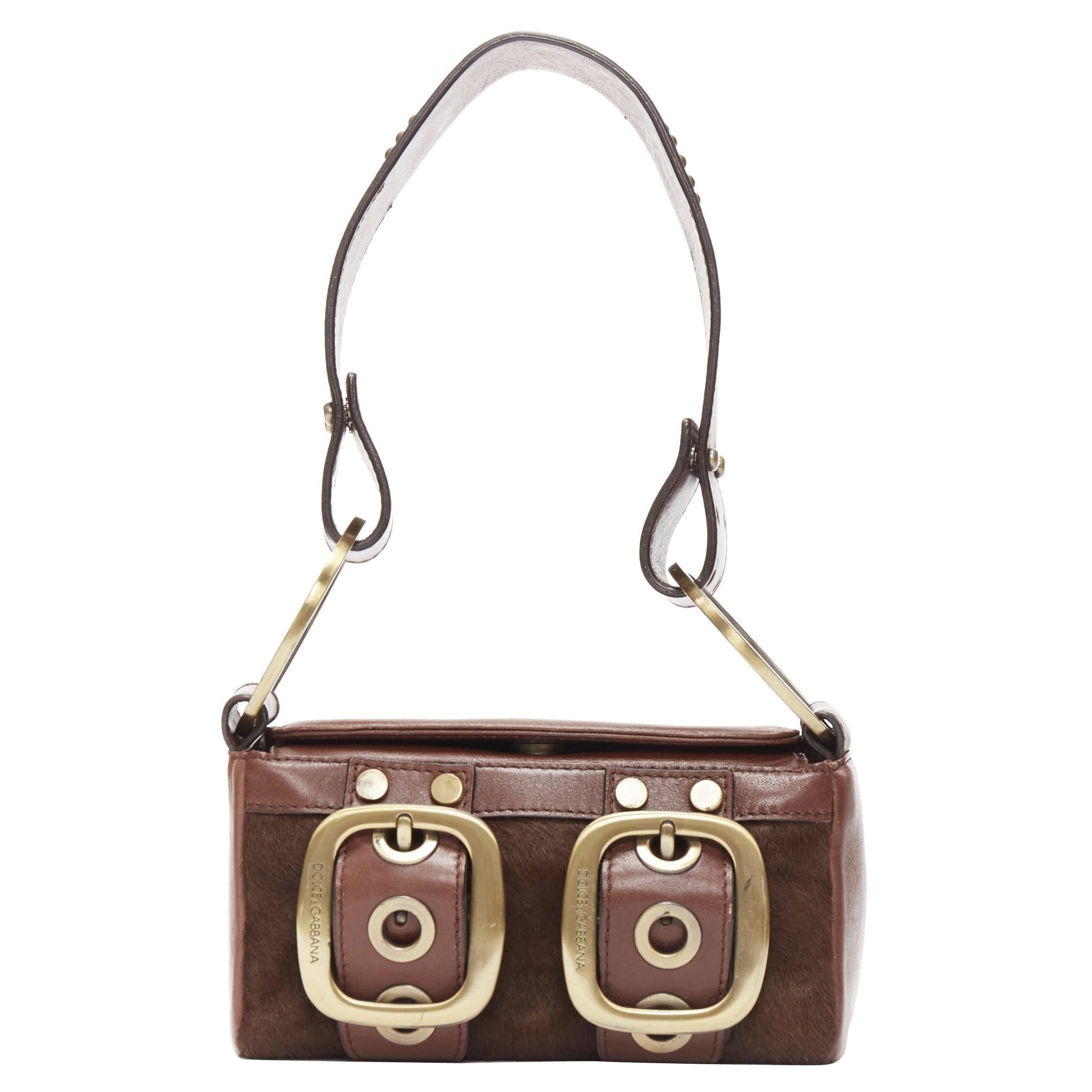 DOLCE GABBANA Vintage Y2K brown calfskin leather bronze buckle boxy shoulder bag
