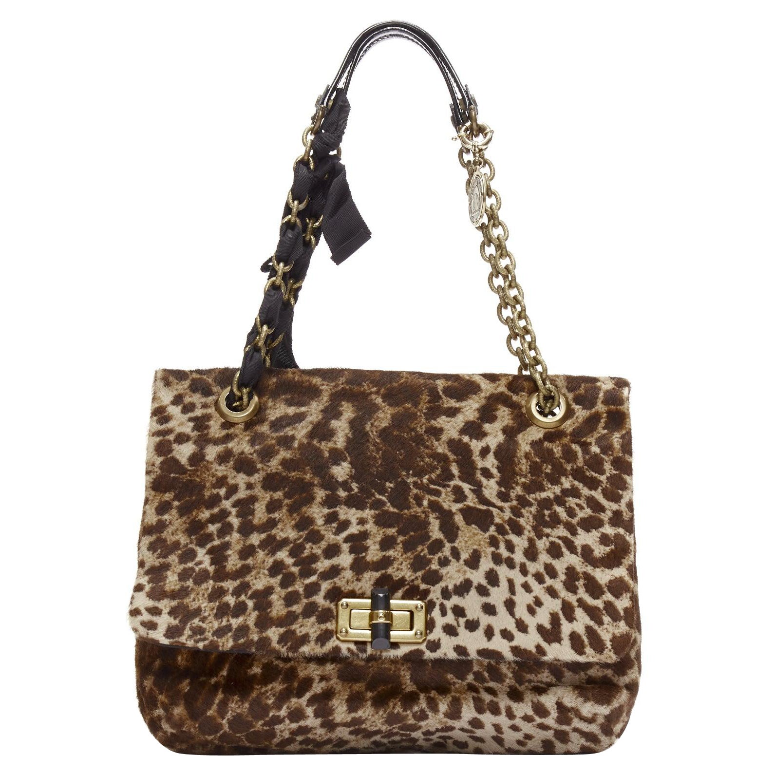 LANVIN Happy brown leopard print calfhair black ribbon chain shoulder bag