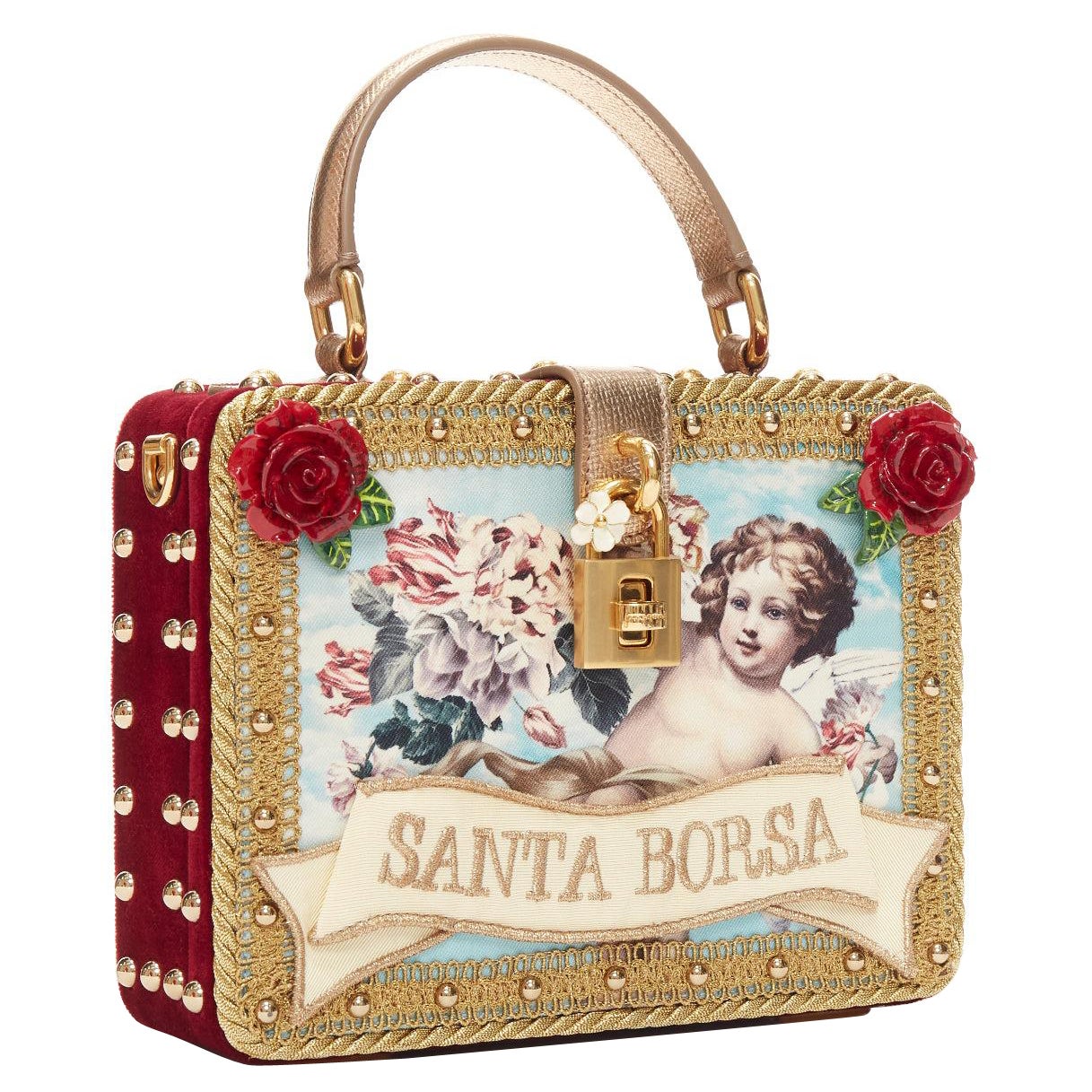 DOLCE GABBANA Santa Borsa gold baroque trim cherub print vanity box shoulder bag For Sale