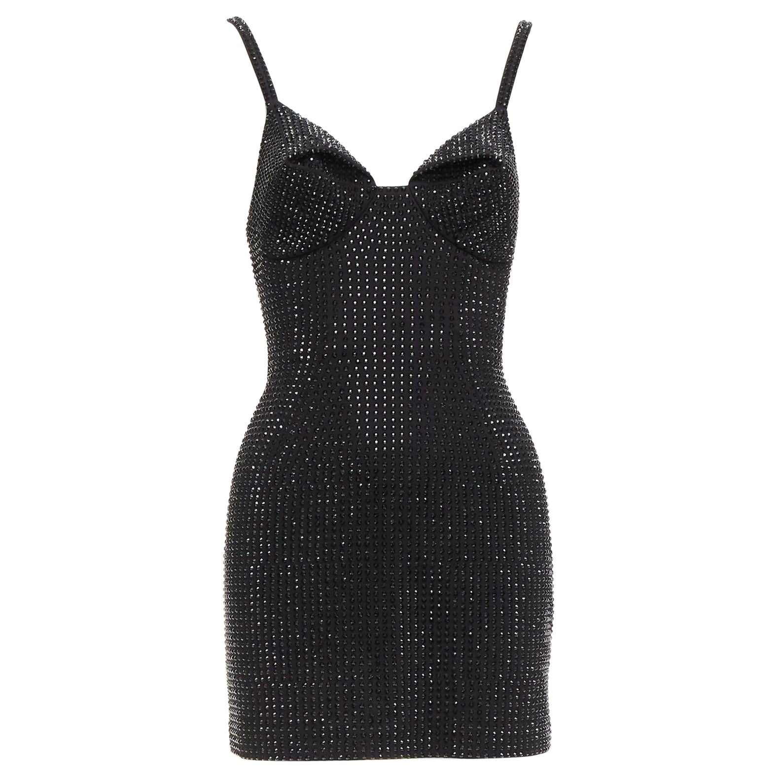 AREA black crystal embellished conical bra spaghetti bodycon mini dress US2 S