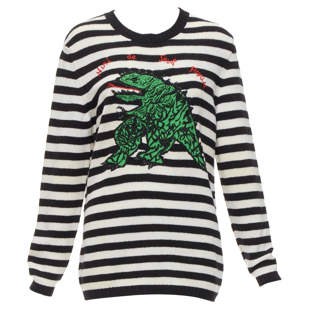 DIOR 2023 Runway 100% cashmere black white green dinosaur sweater FR38 M For Sale