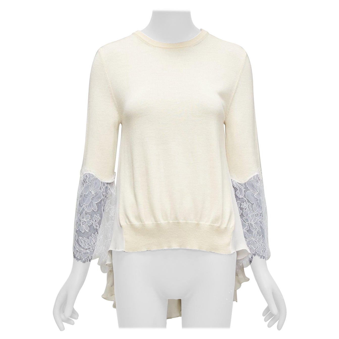OSCAR DE LA RENTA cream lace flare sleeve chiffon insert hi low hem sweater XS For Sale