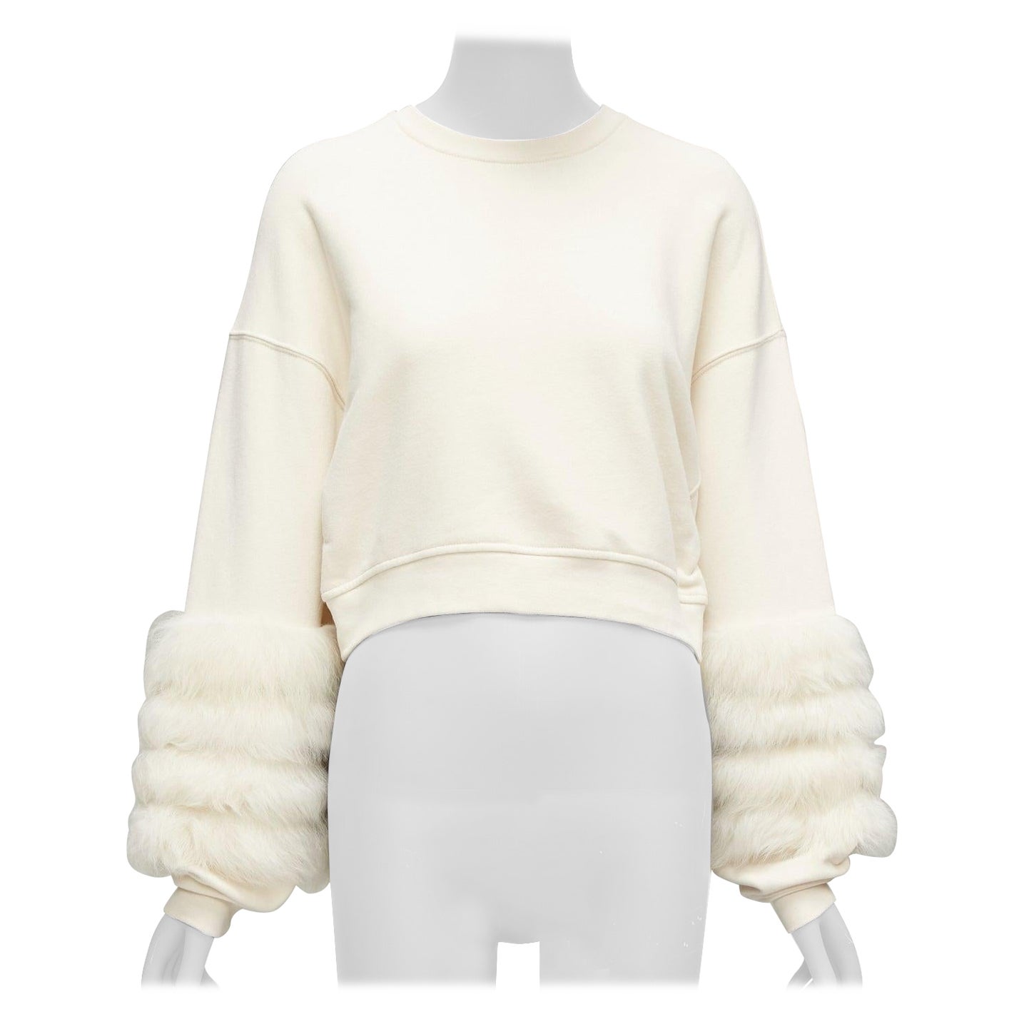 LAPOINT cream genuine lambskin fur cotton tiered sleeve crop sweater S For Sale