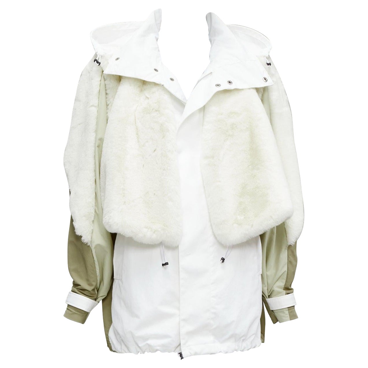 TOGA PULLA white nylon cream faux fur layered deconstructed parka jacket FR36 S For Sale