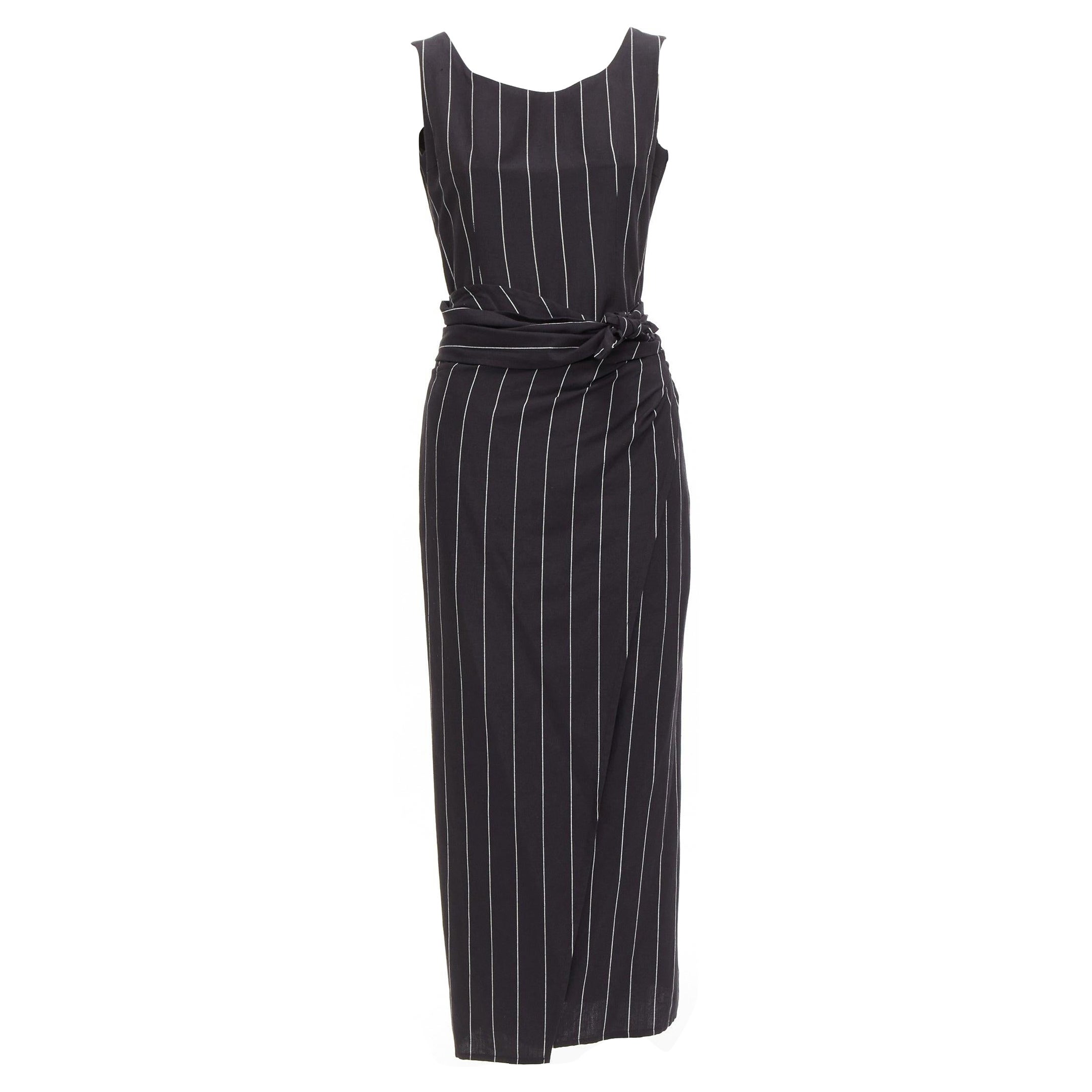 DOLCE GABBANA Vintage 1990 lin noir rayé top wrap skirt set 63cm waist en vente