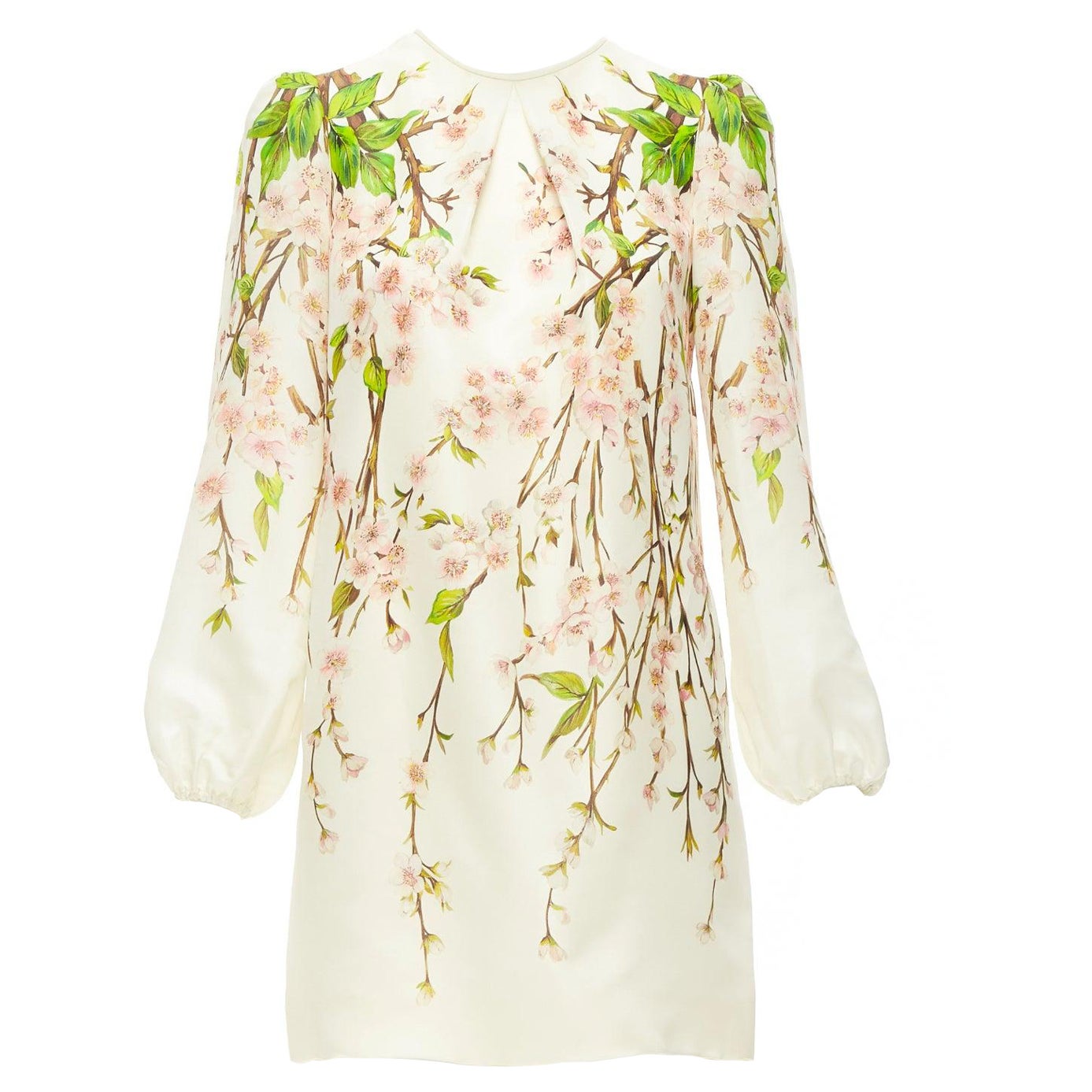 DOLCE GABBANA 100% silk cream cherry blossom print puff white dress IT40 S