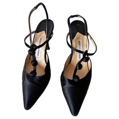 Used Manolo Blanik Black Satin  Cocktail Button Up Cocktail  Shoes