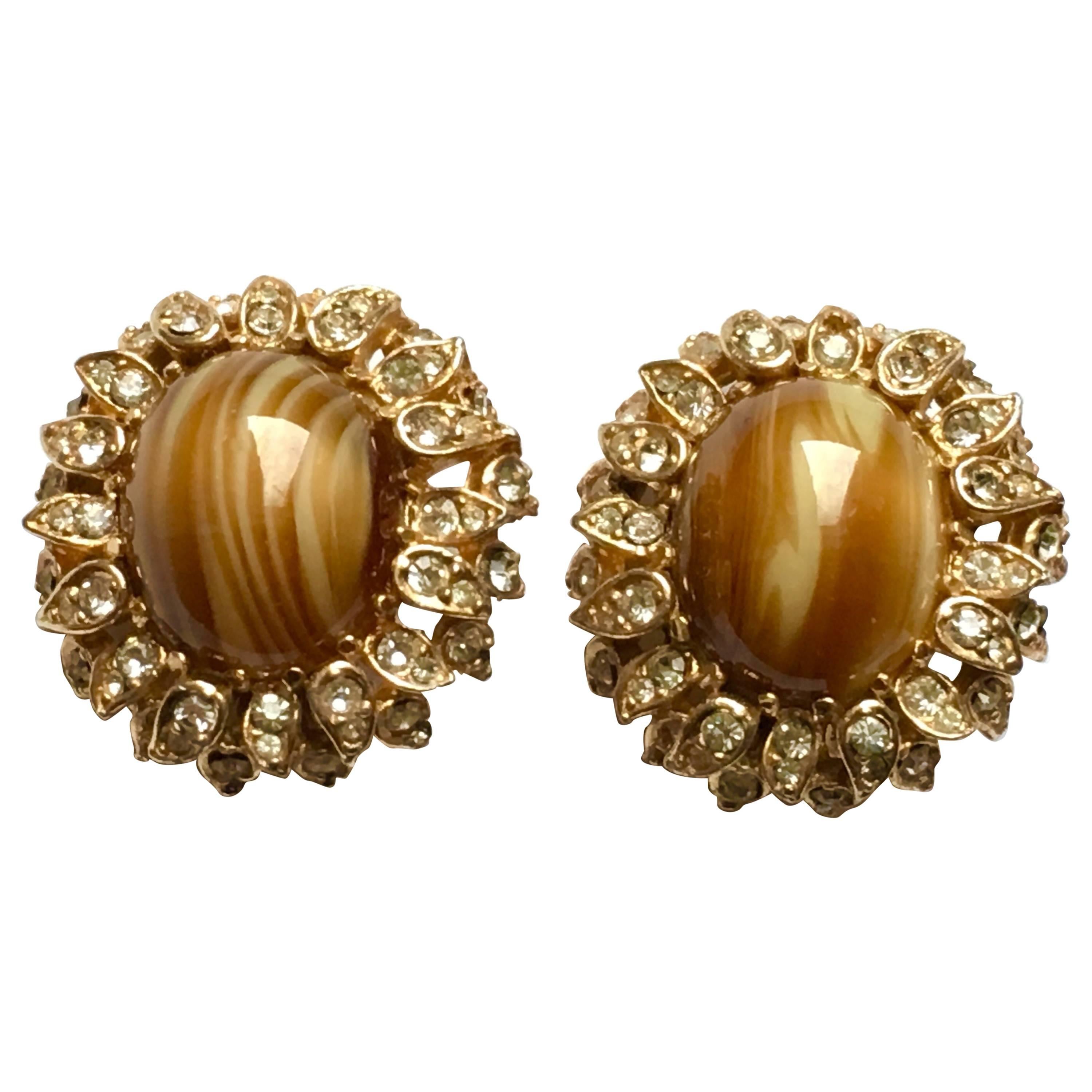 Vintage Ciner Tiger's Eye and Rhinestone Clip Earrings