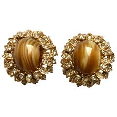Vintage Ciner Tiger
s Eye and Rhinestone Clip Earrings