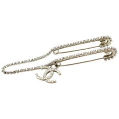 Chanel Silver Rhinestone Double Safety Chain Charm Pin Brooch in Box
