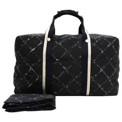 Vintage Chanel Travel Line Black x White Nylon Waterproof Large Boston Bag