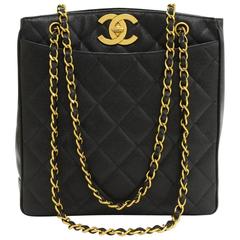 Chanel 11" Black Quilted Caviar Leather Large Shoulder Tote Bag