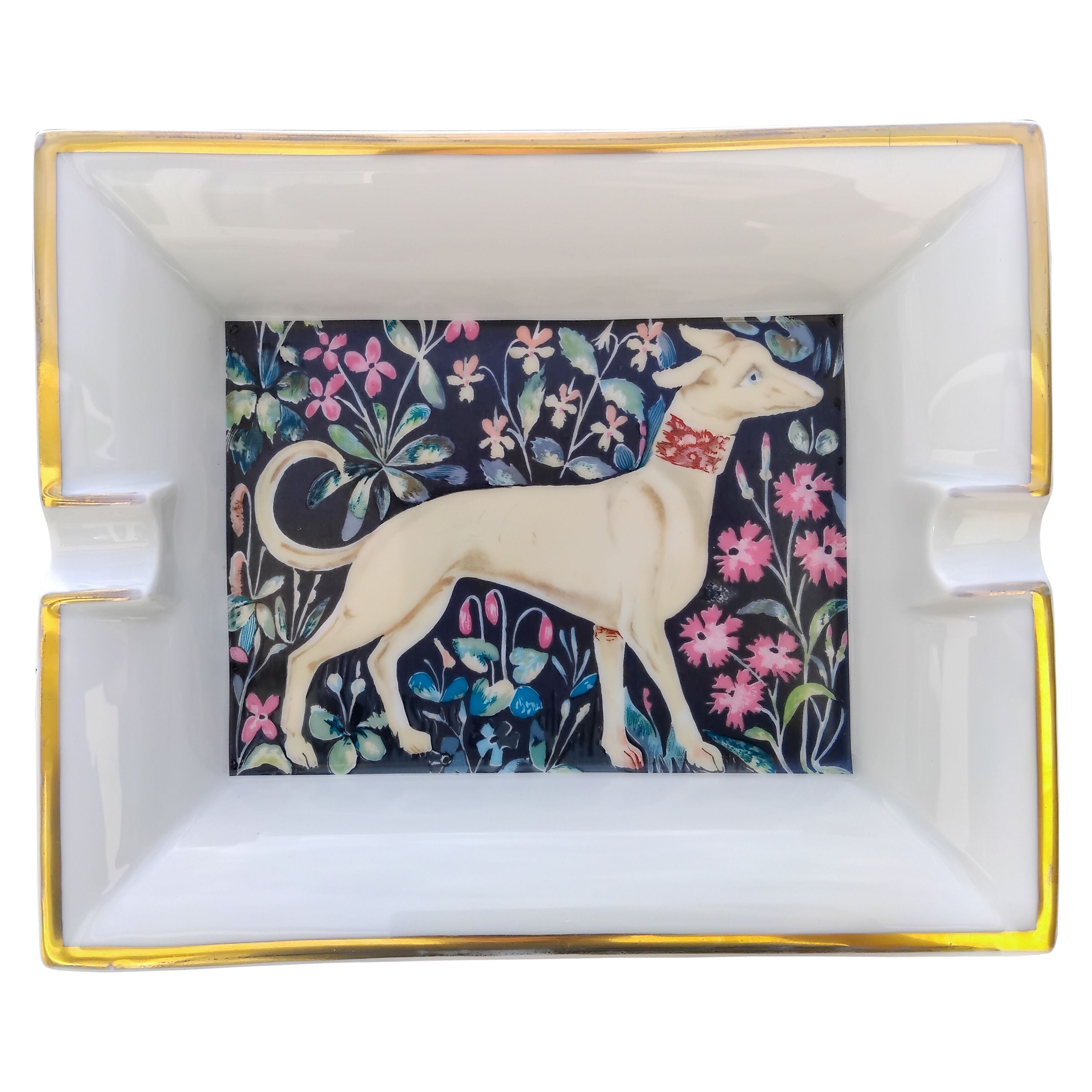 Hermès Cigar Ashtray Change Tray Greyhound Dog Levrier Print in Porcelain For Sale