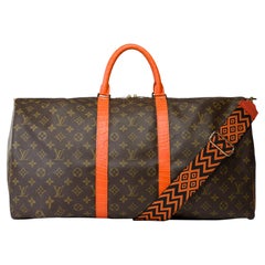 Retro Customized Louis Vuitton Keepall 55 strap Travel bag with Orange Crocodile