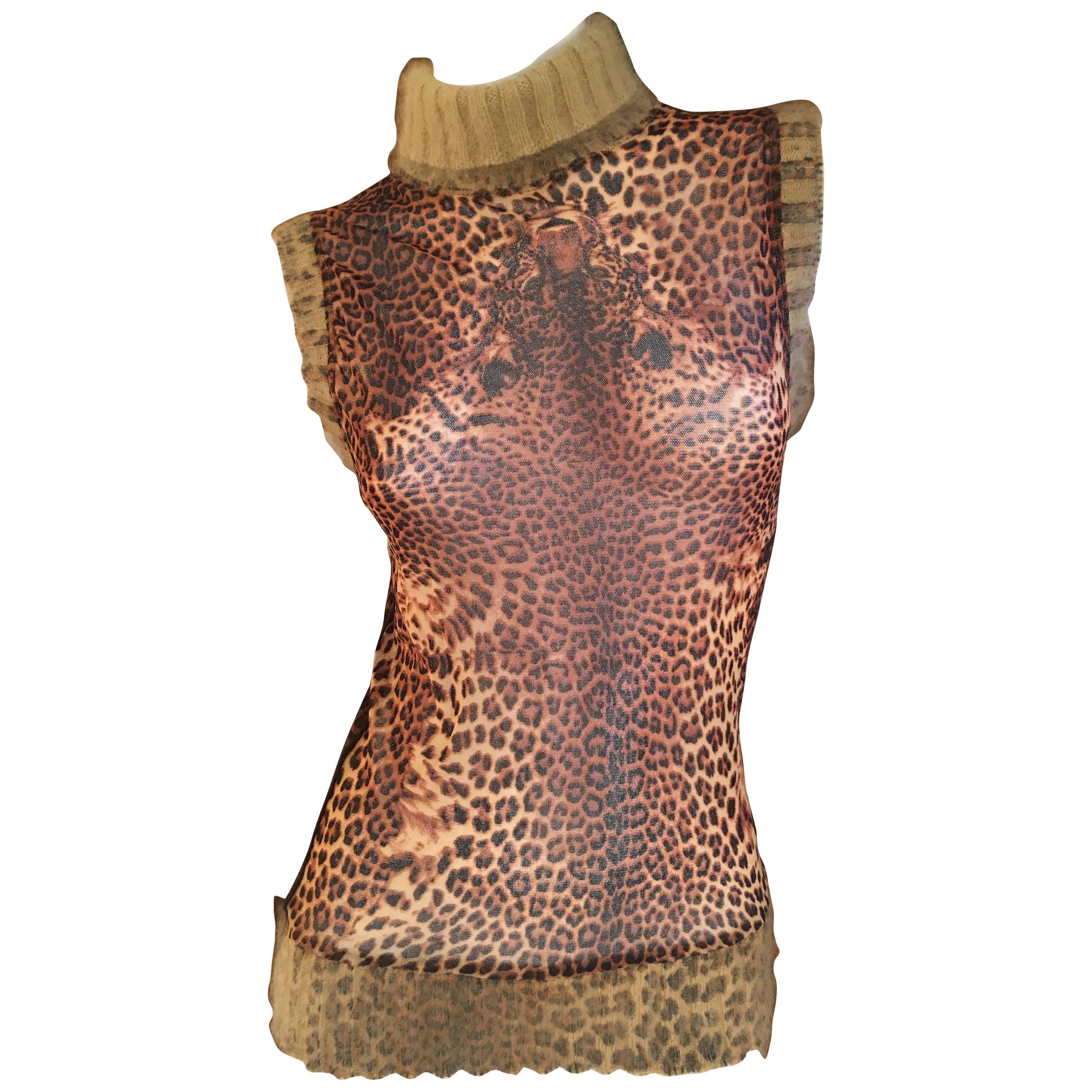 Jean Paul Gaultier Maille 1990's Leopard Sleeveless Top with Ribbed Knit Trim For Sale