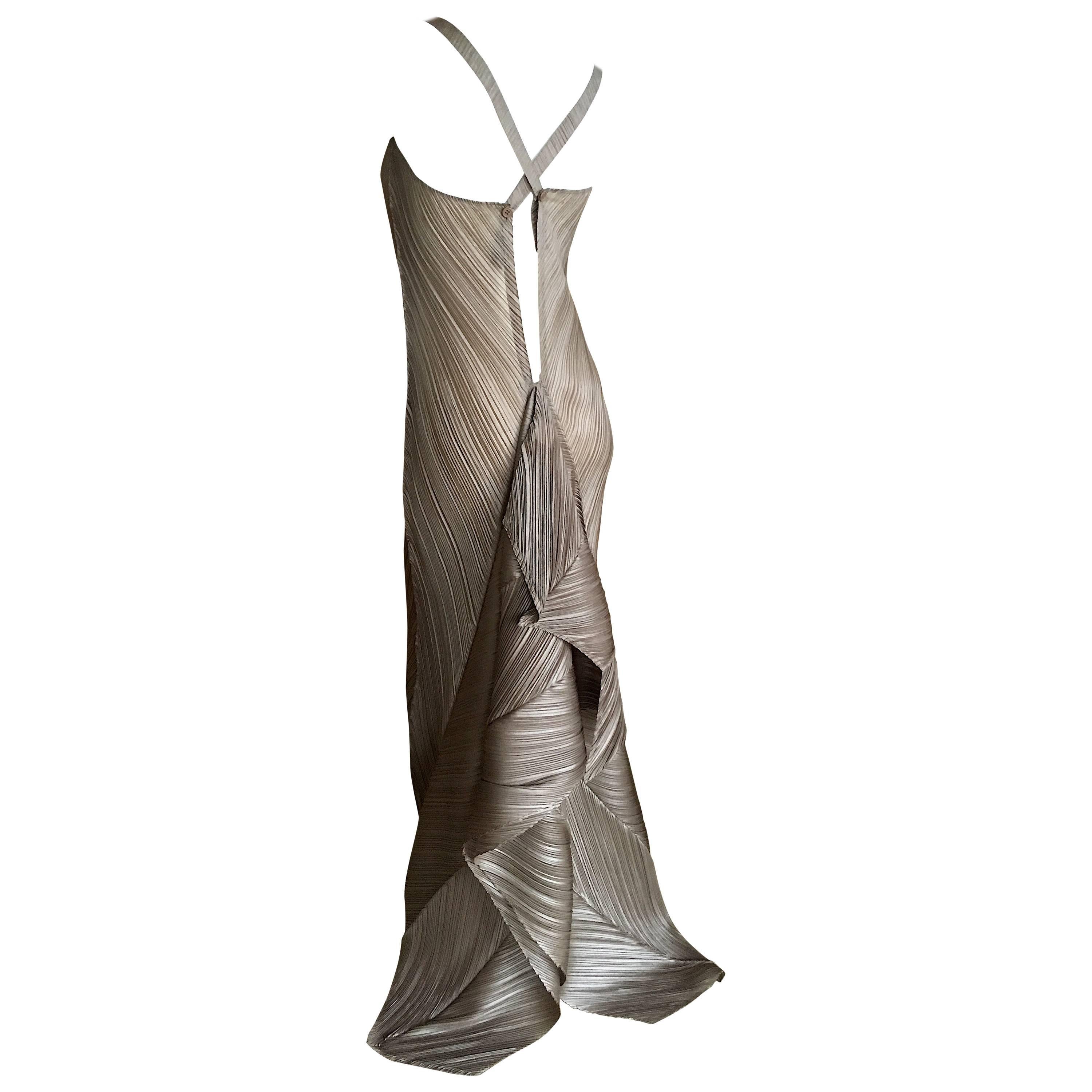 Issey Miyake Vintage Silver Evening Dress with Unusual Bustle Train For Sale