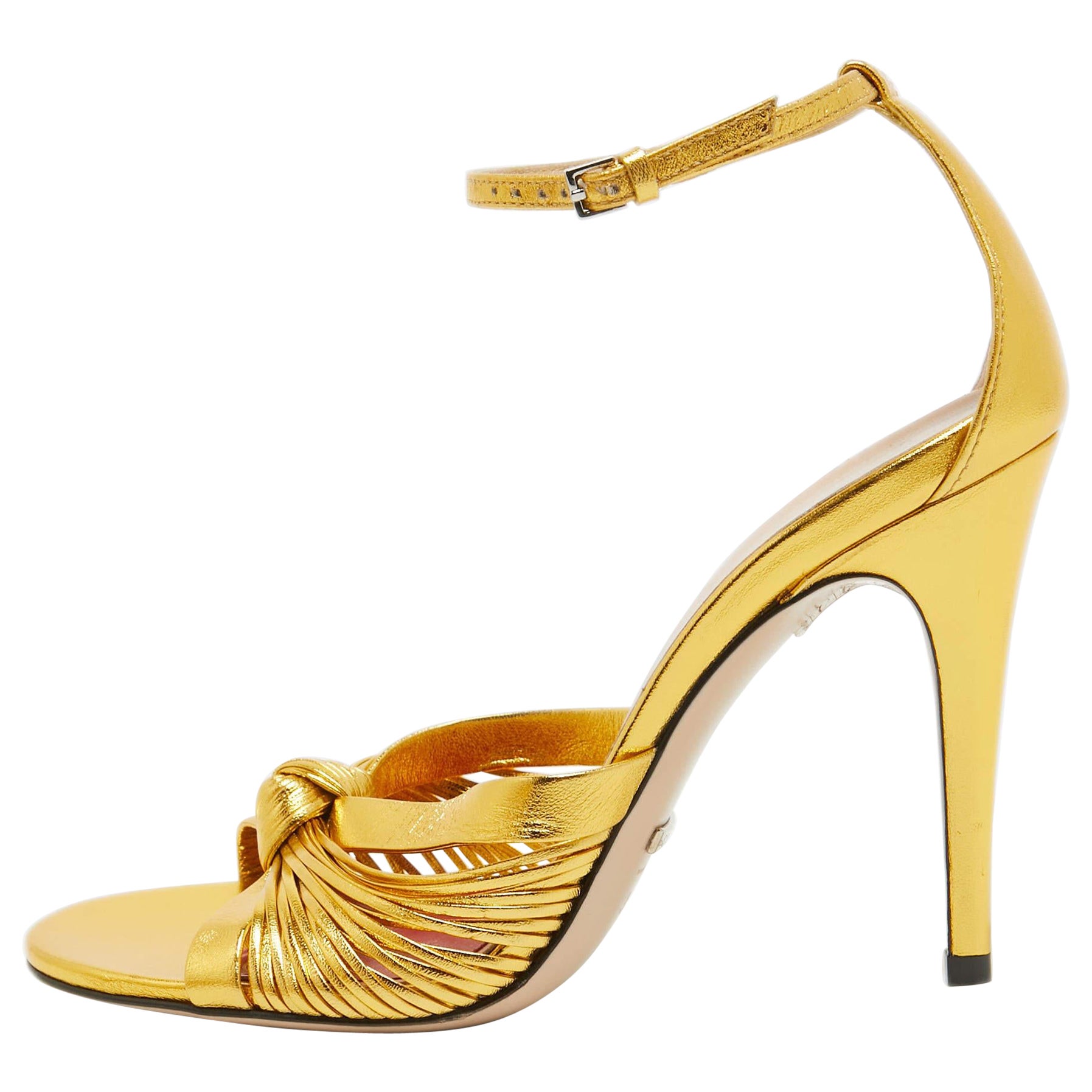 Gucci Metallic Gold Leather Allie Ankle Strap Sandals Size 38.5