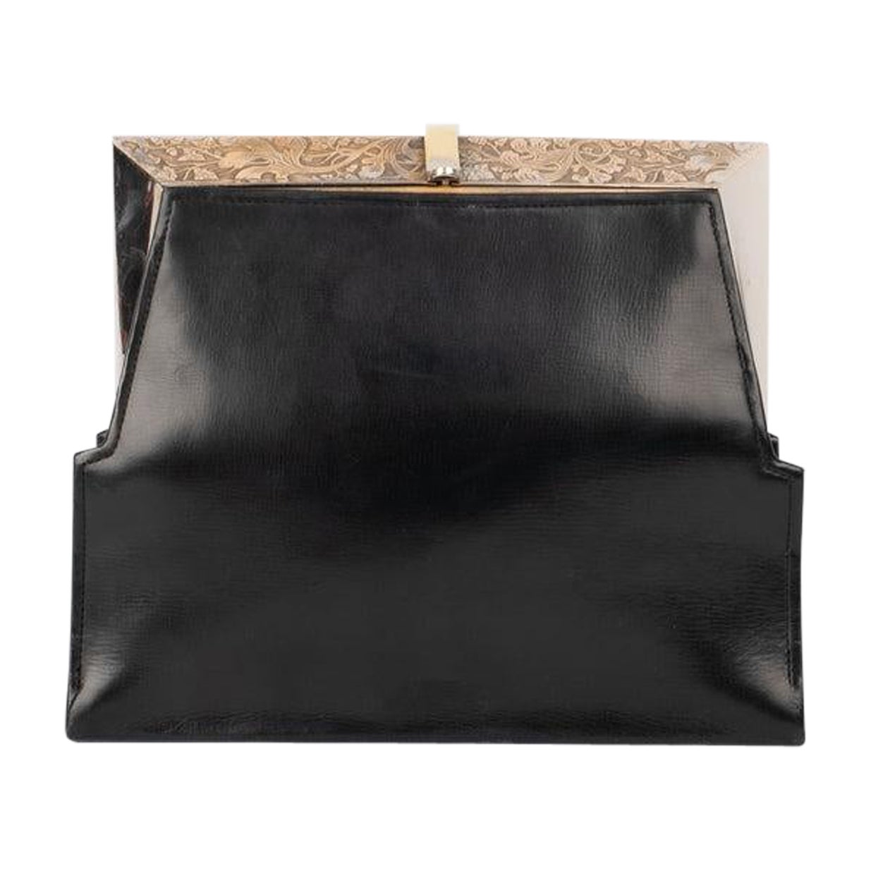 Black Leather Clutch Bag with Engraved Metal For Sale