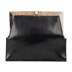 Vintage Black Leather Clutch Bag with Engraved Metal