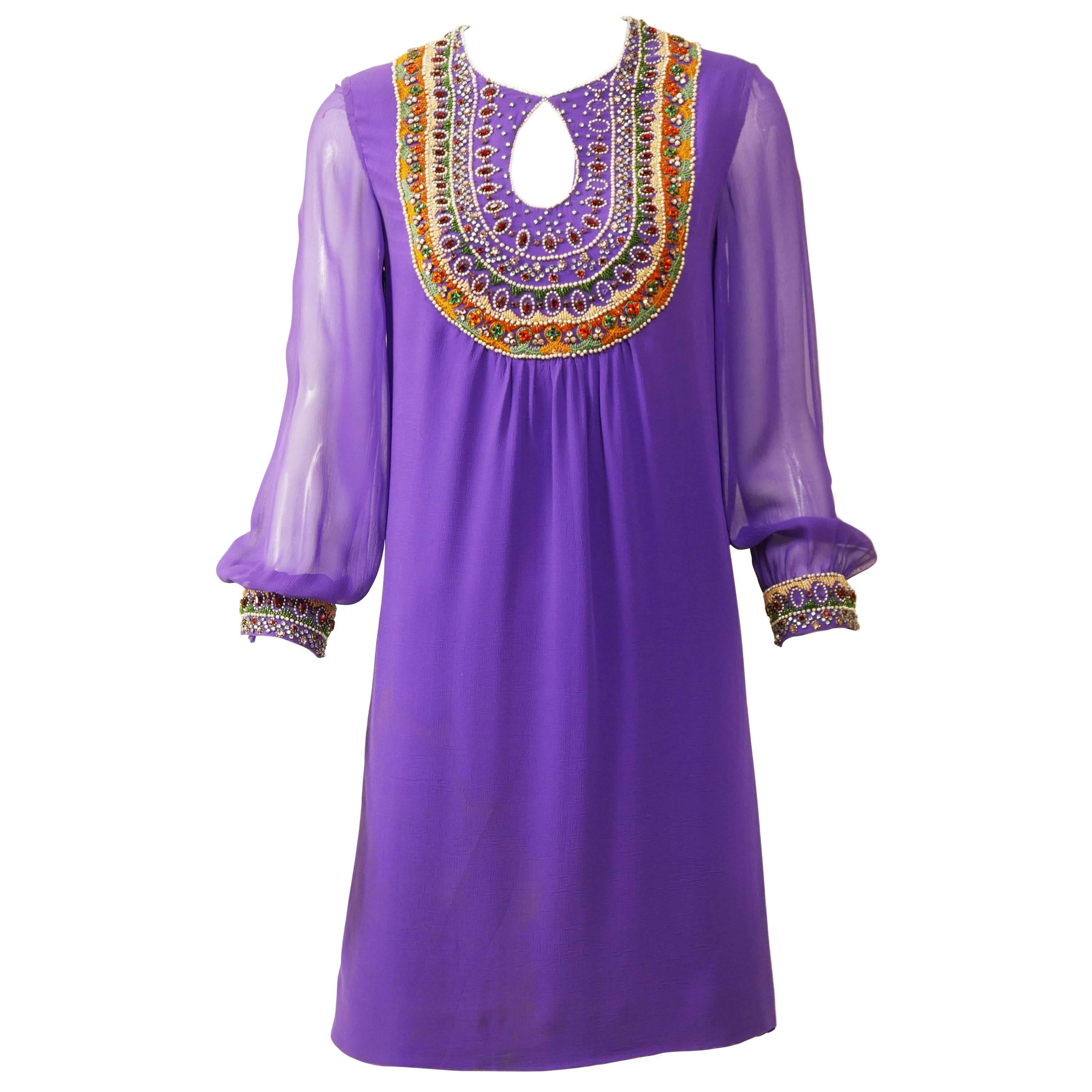 1970s Purple Embroidery Silk Crepe Mini Dress