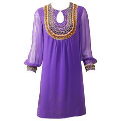 Vintage 1970s Purple Embroidery Silk Crepe Mini Dress
