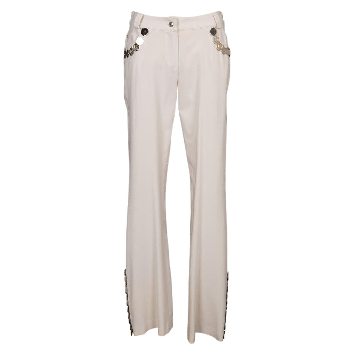 Christian Dior Blended Wool Pants with Silvery Metal Medallion Charms For Sale