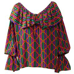 Vintage SAINT LAURENT Rive Gauche 1980s Striped Silk Flounce Blouse Shirt