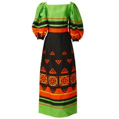 1970s Italian Couture Black Abstract Print Puffed Sleeve Long Dress