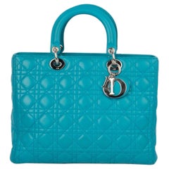 Used Lady Dior Quilted Turquoise Blue Leather Bag Large Zip, 2013