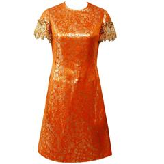 1960s Italian Couture Orange Embroidered Cocktail Mod Mini Dress 