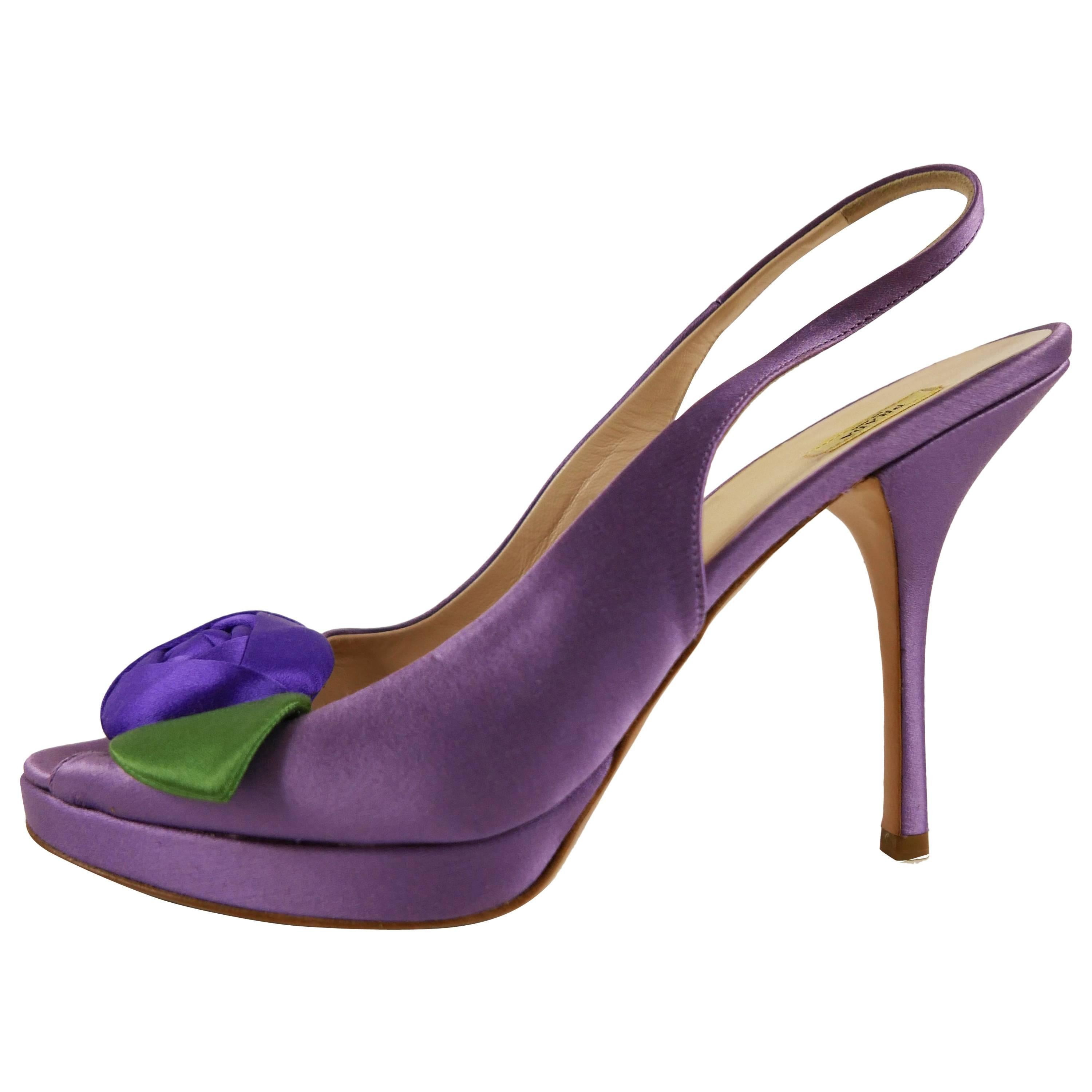 PRADA Purple Satin Rose Peep Toe Pumps Stiletto Shoes For Sale