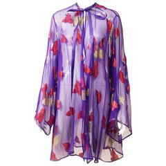 1980s SAINT LAURENT Rive Gauche Purple Sheer Lurex Print Blouse 