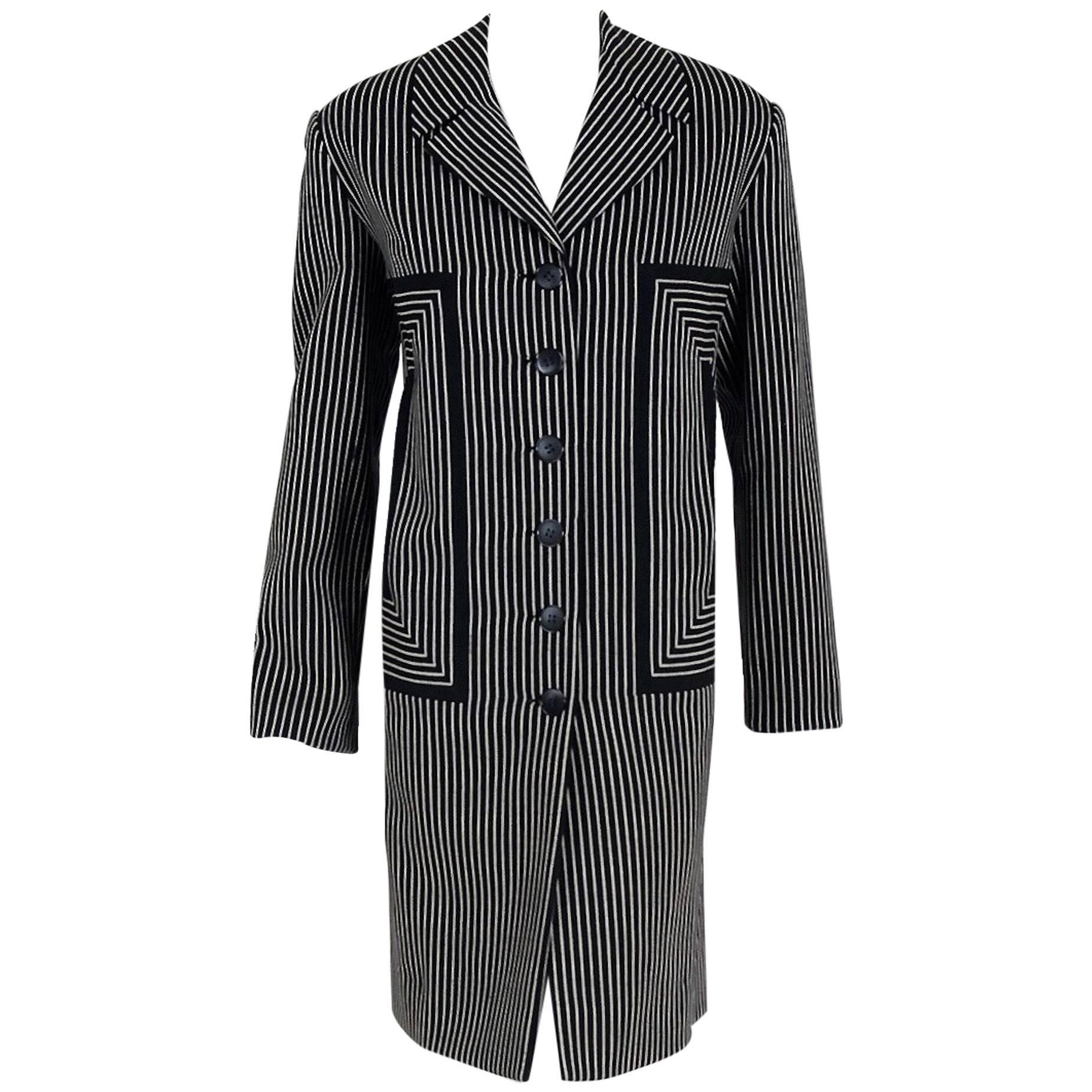 1940's Irene Black & White Deco Pinstripe Wool-Gabardine Crombie Jacket Coat