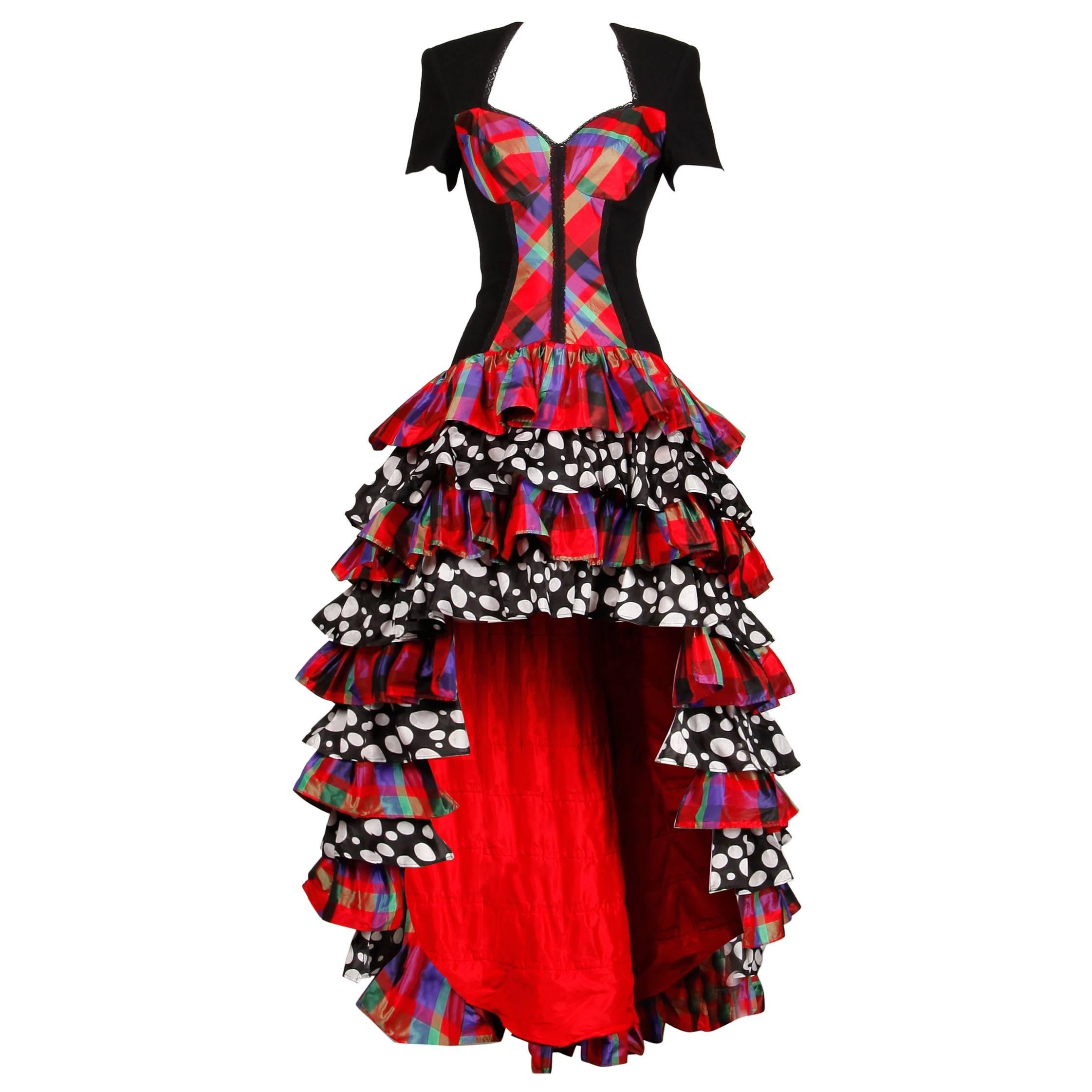 Gemma Kahng 1990s Vintage Tiered Plaid Polka Dot Bustier Dress