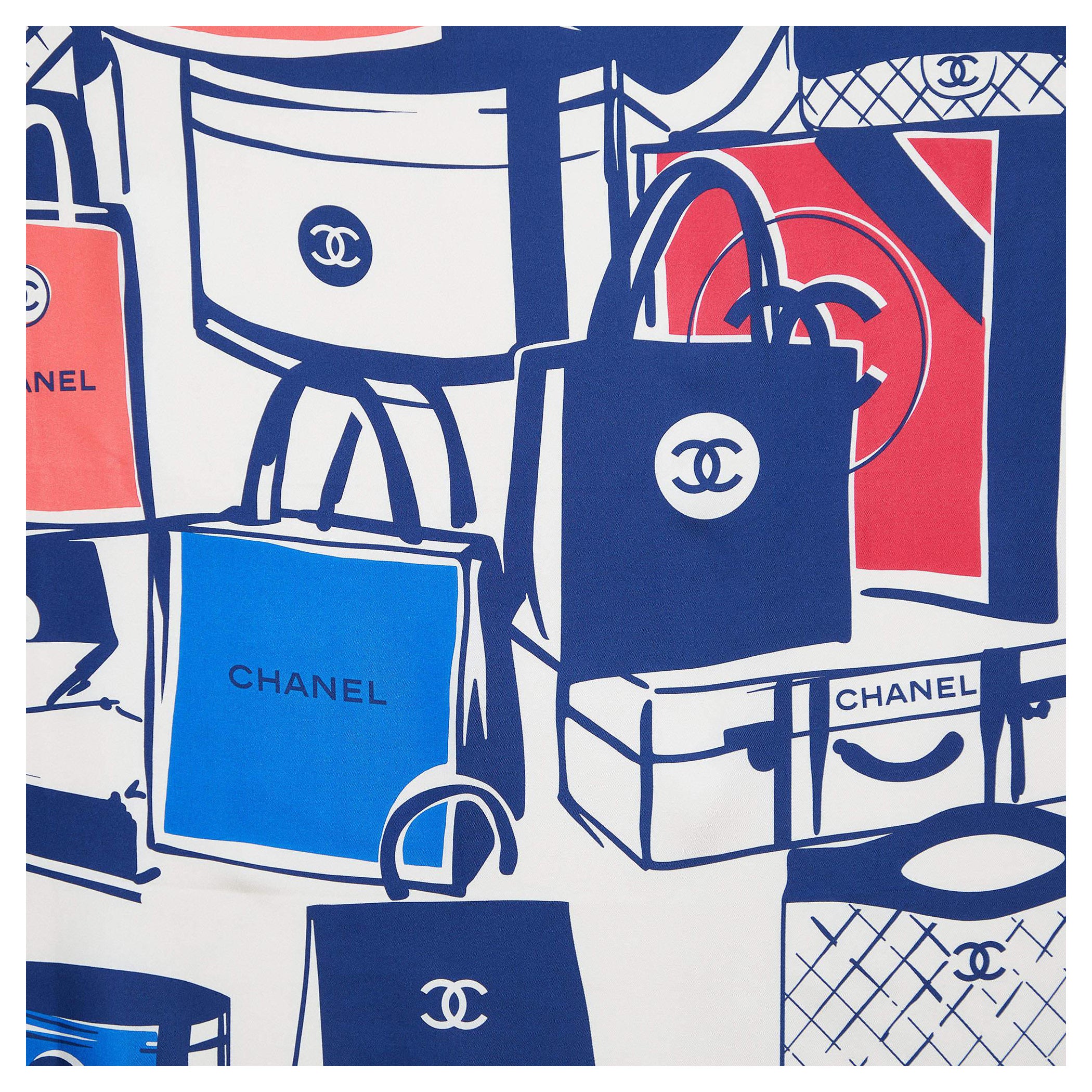 Chanel Cremefarbener quadratischer Seidenschal mit Gepäckdruck im Angebot