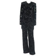 Emanuel Ungaro Black Cut Velvet Pant Suit with Beaded Trim - 12 - 1990's