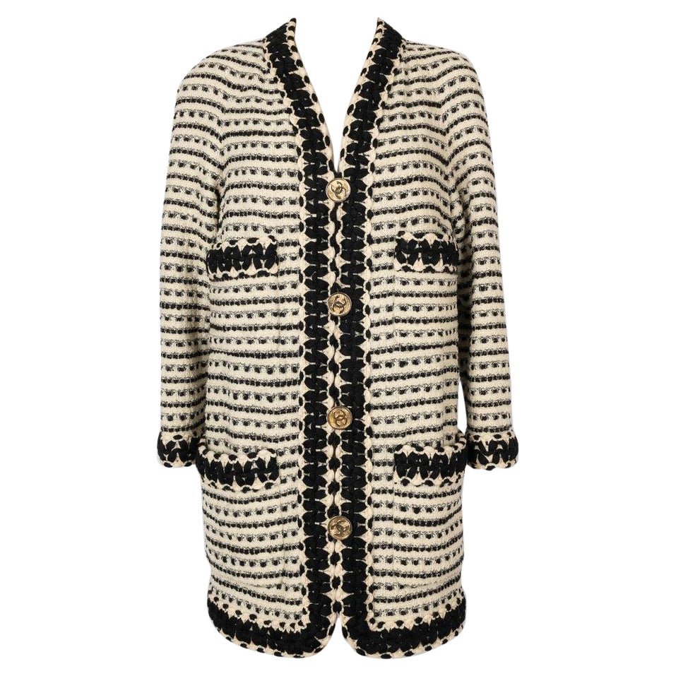 Chanel Black and White Tweed Coat For Sale