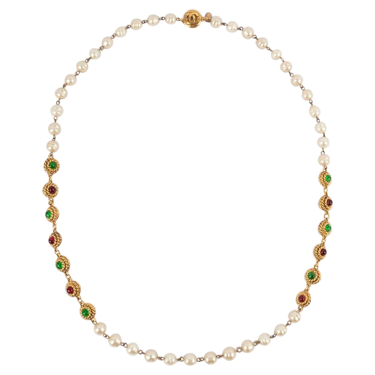 Chanel Costume Pearl with Golden Metal Necklace, 1980s For Sale