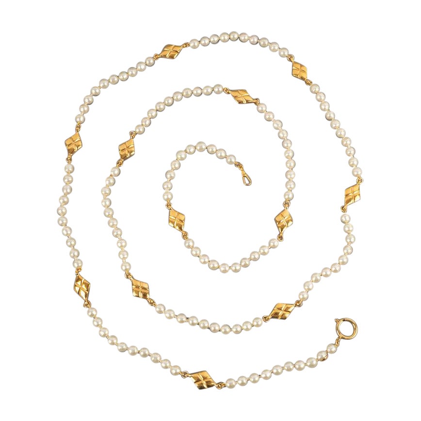 Chanel Costume Pearl Necklace with Golden Metal Elements For Sale