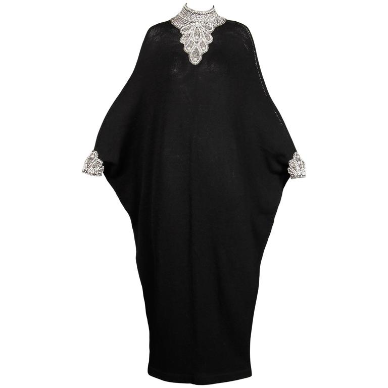 Adolfo 1970s Vintage Black Knit Caftan Dress with Rhinestones and Beads ...
