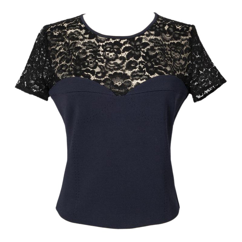Christian Dior Navy Blue Top Ornamented with Black Lace For Sale