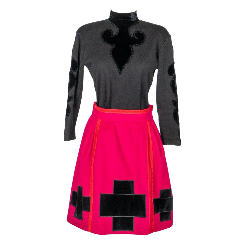 Christian Lacroix Long-Sleeve Top and Pink Skirt with Black Velvet Set For Sale