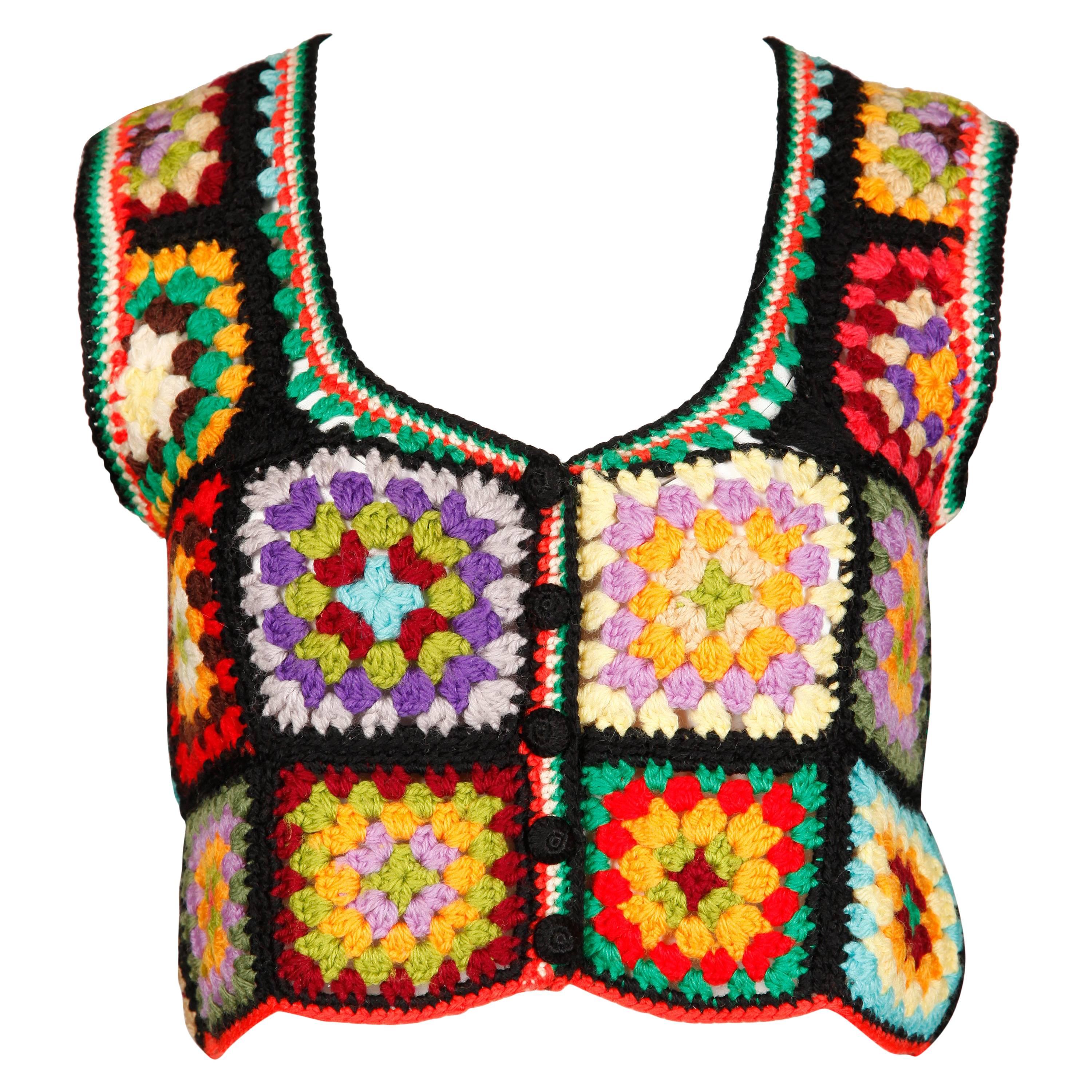 Adolfo for I. Magnin 1970s Vintage Wool Granny Squares Hand Crochet Vest Top