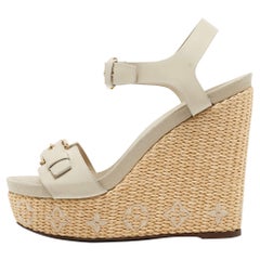 Louis Vuitton Cream Leather Buckle Detail Wedge Ankle Strap Sandals Size 39